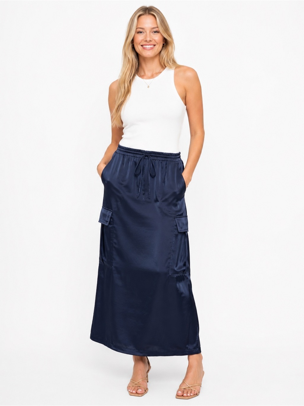 💛2 for 20-Banana Republic Navy Satin Cargo Maxi Skirt NWT Size Small